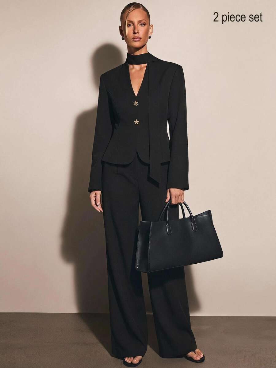 COSMINA Women's Casual Elegant Metal Buckle Commute Long Sleeve 2 Pieces Set - Black - View 1