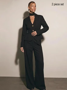 COSMINA Women's Casual Elegant Metal Buckle Commute Long Sleeve 2 Pieces Set - Black - View 5