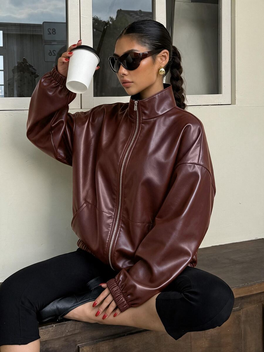 Muchica Women's Solid Color PU Leather Long Sleeve Zip-Up Casual Jacket - Burgundy - View 1