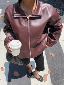 Muchica Women's Solid Color PU Leather Long Sleeve Zip-Up Casual Jacket - Burgundy - View 5