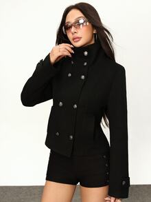 INAWLY 女款黑色與銀色雙排扣金屬鈕扣高領長袖短版休閒優雅夾克，適合新年、感恩節派對、辦公室、秋季穿著 - 黑色 - 查看 5