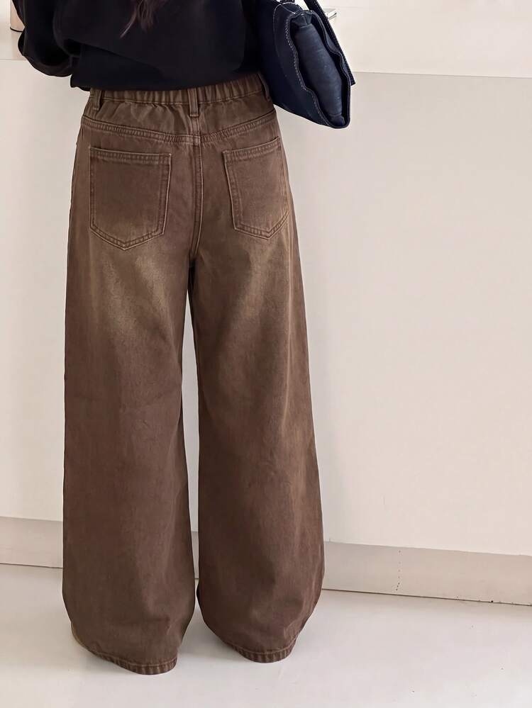SHEIN Kids Tween Girl Street Button Pocket Loose Denim Pants For Weekend Outings Brown Fall Winter Casual Halloween New Year School - Brown - View 4