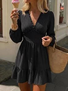 KARISMINA 女款時尚休閒優雅浪漫四季度假茶會V領迷你洋裝，優雅派對婚禮賓客禮服，黑色洋裝 - 黑色 - 查看 10