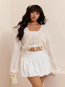 CovetEZ 大尺碼女款蕾絲拼接休閒優雅百搭日常開襟衫，適合晚餐正式場合、早晨、約會之夜，滿版嬰兒白，秋季 - 米色 - 查看 7