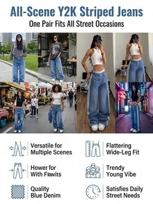 StreetHx 女士休闲运动日常通勤撞色条纹侧边宽松阔腿牛仔裤 - 中等水洗藍 - 查看 11
