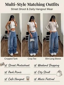StreetHx 女士休闲运动日常通勤撞色条纹侧边宽松阔腿牛仔裤 - 中等水洗藍 - 查看 9