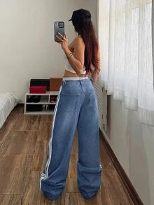 StreetHx 女士休闲运动日常通勤撞色条纹侧边宽松阔腿牛仔裤 - 中等水洗藍 - 查看 2