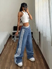 StreetHx 女士休闲运动日常通勤撞色条纹侧边宽松阔腿牛仔裤 - 中等水洗藍 - 查看 4