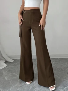 Modelyn Women's Solid Color Casual Elegant Versatile Daily Flare Pants Teachers' Day Brunch Office Espresso Brown Autumn - Brown - View 4