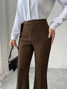Modelyn Women's Solid Color Casual Elegant Versatile Daily Flare Pants Teachers' Day Brunch Office Espresso Brown Autumn - Brown - View 7