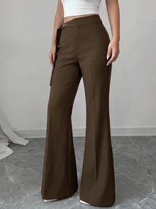 Modelyn Women's Solid Color Casual Elegant Versatile Daily Flare Pants Teachers' Day Brunch Office Espresso Brown Autumn - Brown - View 6