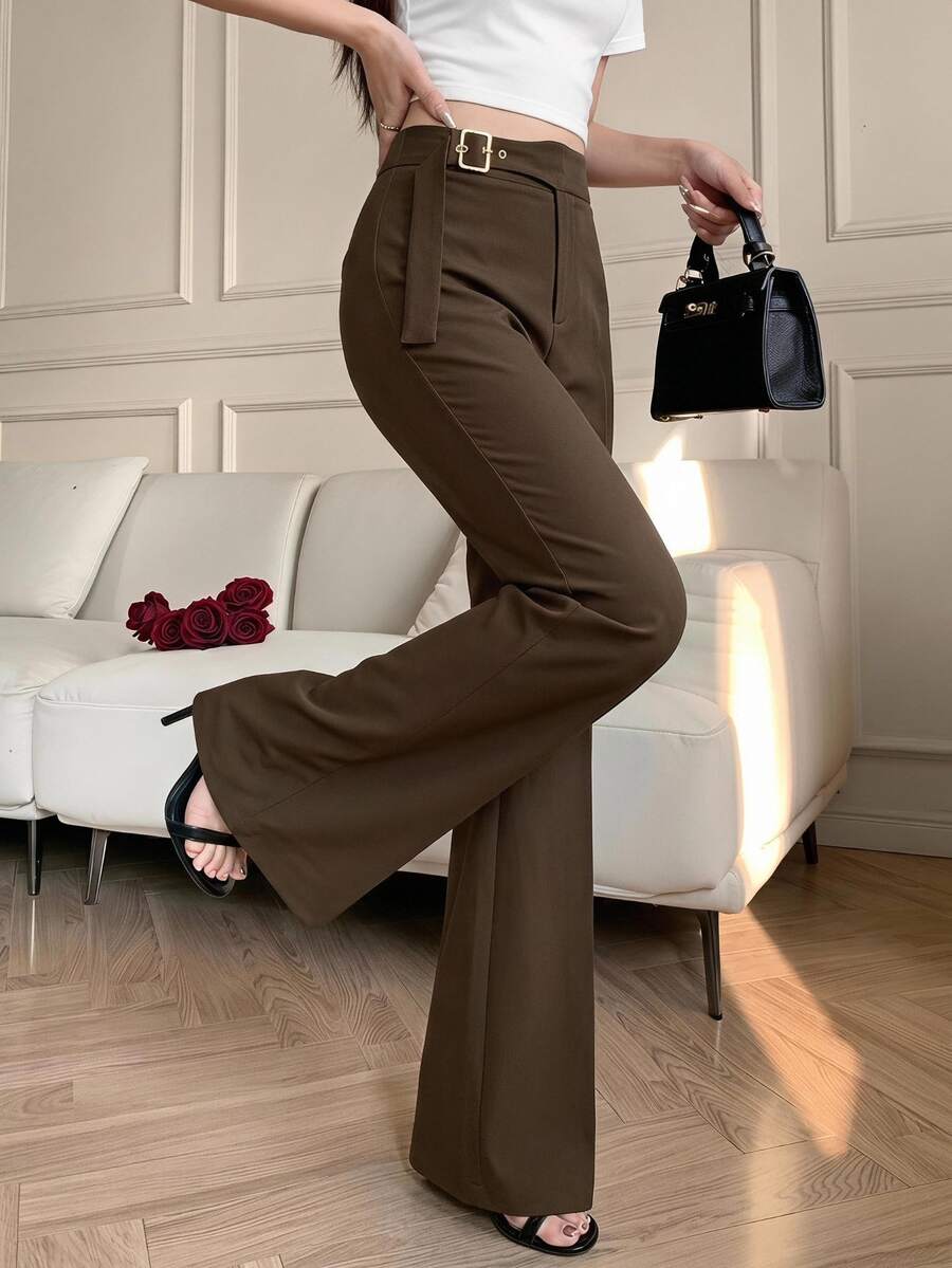 Modelyn Women's Solid Color Casual Elegant Versatile Daily Flare Pants Teachers' Day Brunch Office Espresso Brown Autumn