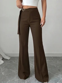 Modelyn Women's Solid Color Casual Elegant Versatile Daily Flare Pants Teachers' Day Brunch Office Espresso Brown Autumn - Brown - View 5