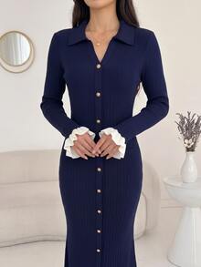 Modelyn Women's Knitted Slim Fit Elegant Long Dress Everyday Date Navy Blue Autumn - Navy Blue - View 7