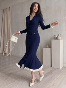 Modelyn Women's Knitted Slim Fit Elegant Long Dress Everyday Date Navy Blue Autumn - Navy Blue - View 5