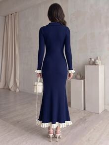 Modelyn Women's Knitted Slim Fit Elegant Long Dress Everyday Date Navy Blue Autumn - Navy Blue - View 2
