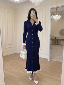 Modelyn Women's Knitted Slim Fit Elegant Long Dress Everyday Date Navy Blue Autumn - Navy Blue - View 4