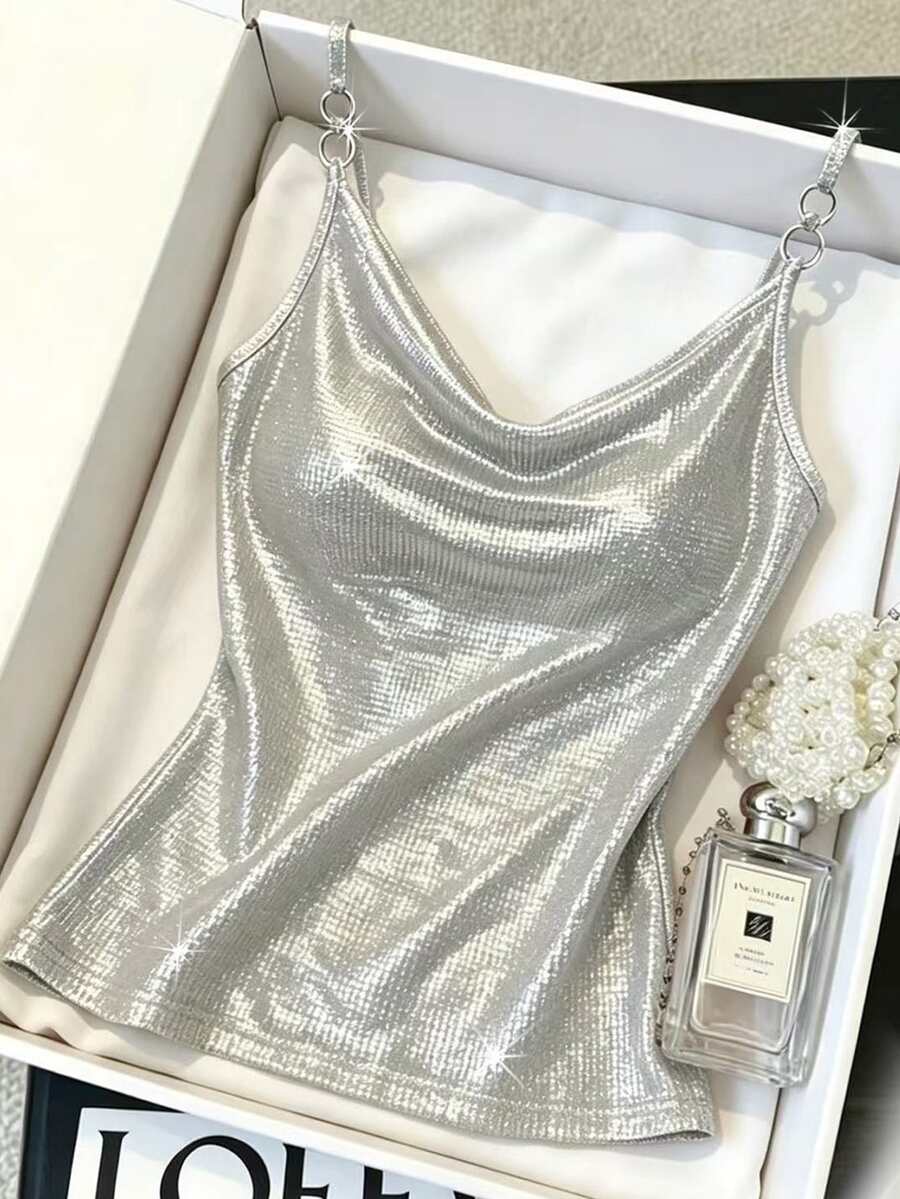 Resyla Women's Sexy Cowl Neck Metal Buckle Camisole - Silver - View 1
