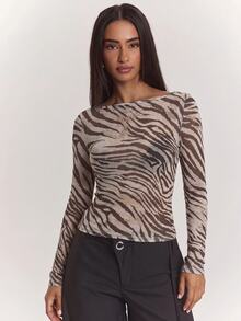 SHEIN BAE Women's Zebra Print Casual Versatile Daily Wear Long Sleeve Top - Brown - View 8
