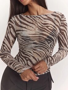 SHEIN BAE Women's Zebra Print Casual Versatile Daily Wear Long Sleeve Top - Brown - View 4