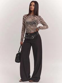 SHEIN BAE Women's Zebra Print Casual Versatile Daily Wear Long Sleeve Top - Brown - View 7