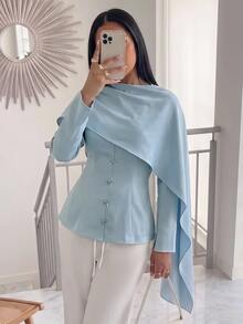 Veilorie 女款優雅通勤純色披肩領繫腰襯衫 - 藍色 - 查看 2