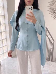 Veilorie 女款優雅通勤純色披肩領繫腰襯衫 - 藍色 - 查看 8