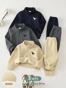 Cozy Pixies 3套隨機組合嬰兒男孩女孩恐龍Logo裝飾針織柔軟高領半拉鍊長袖套頭衛衣彈性腰長褲 - 彩色 - 查看 9