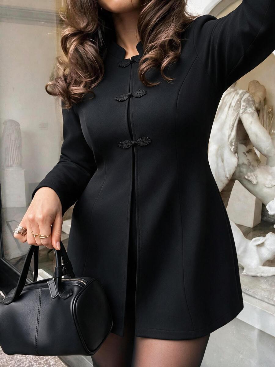 Easura Black Mandarin Collar Chinese Frog Button Mid-Length Wool Coat, New Chinese Plus Size Jacket, Suitable For Commuting, Outdoor Travel And Cold Autumn Weather - Black - View 1