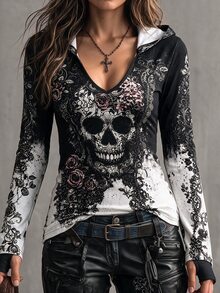 IslaSuriya 女款黑色長袖連帽T恤，萬聖節與秋冬季節新品 - 彩色 - 查看 3