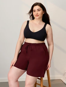 LUVLETTE Summer 100% Pure Cotton Red Plus Size Women's Elegant Minimalist Shorts - Clean Silhouette & Adjustable Drawstring Understated Daily Wear - Red - View 10