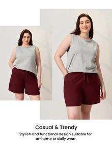 LUVLETTE Summer 100% Pure Cotton Red Plus Size Women's Elegant Minimalist Shorts - Clean Silhouette & Adjustable Drawstring Understated Daily Wear - Red - View 11