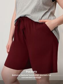 LUVLETTE Summer 100% Pure Cotton Red Plus Size Women's Elegant Minimalist Shorts - Clean Silhouette & Adjustable Drawstring Understated Daily Wear - Red - View 5