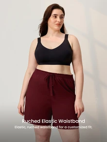 LUVLETTE Summer 100% Pure Cotton Red Plus Size Women's Elegant Minimalist Shorts - Clean Silhouette & Adjustable Drawstring Understated Daily Wear - Red - View 8