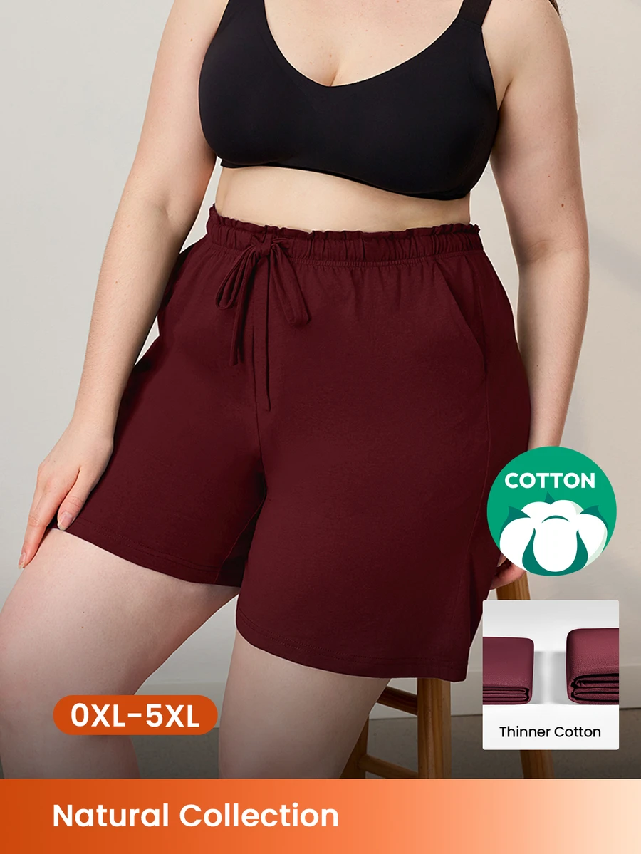 LUVLETTE Summer 100% Pure Cotton Red Plus Size Women's Elegant Minimalist Shorts - Clean Silhouette & Adjustable Drawstring Understated Daily Wear - Red - View 1