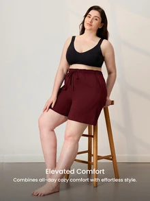 LUVLETTE Summer 100% Pure Cotton Red Plus Size Women's Elegant Minimalist Shorts - Clean Silhouette & Adjustable Drawstring Understated Daily Wear - Red - View 9