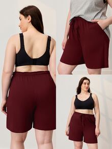 LUVLETTE Summer 100% Pure Cotton Red Plus Size Women's Elegant Minimalist Shorts - Clean Silhouette & Adjustable Drawstring Understated Daily Wear - Red - View 3