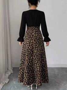 Elenzga Women's Spring Elegant Vintage Vacation Black V-Neck Patchwork Leopard Print Pleated Puff Long Sleeve High Waist Slim Dresses For Woman Plus Size Fall - Multicolor - View 2