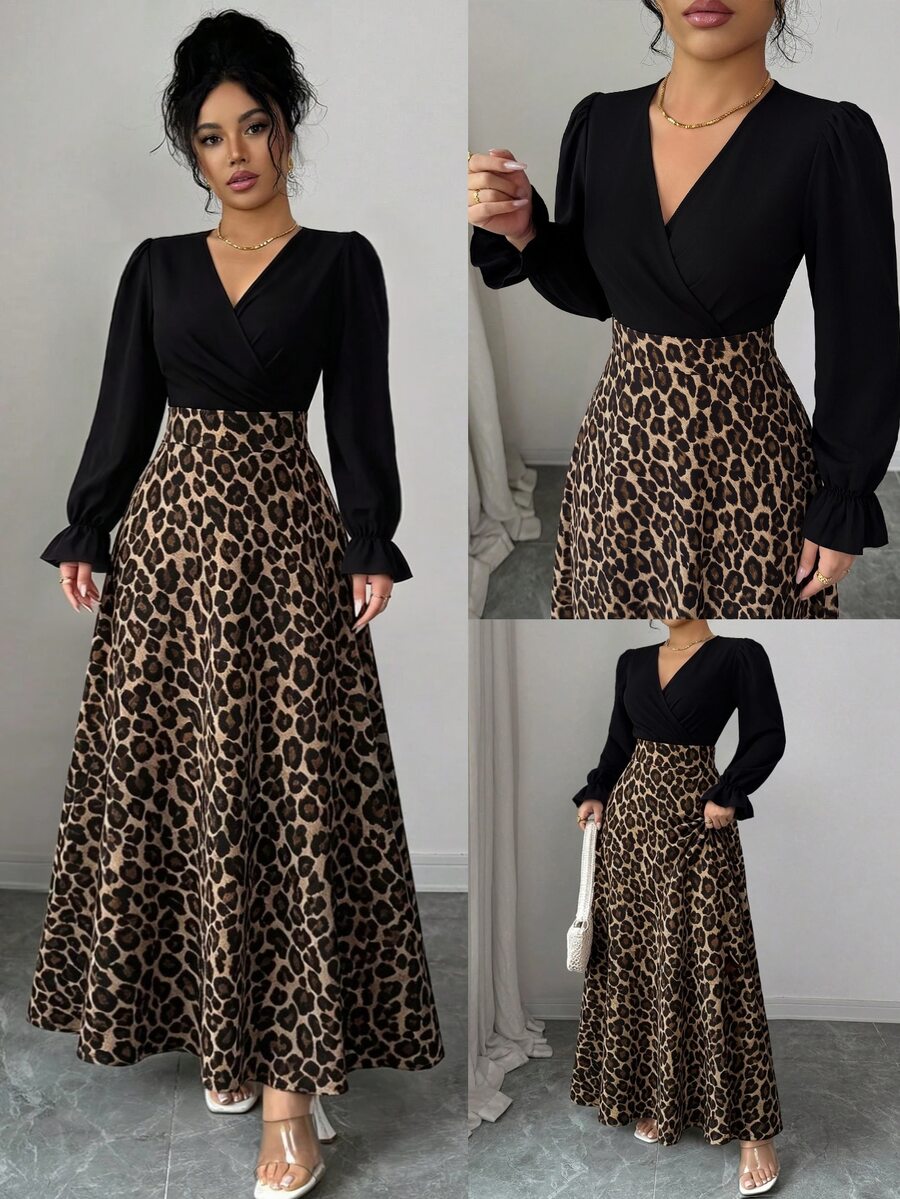 Elenzga Women's Spring Elegant Vintage Vacation Black V-Neck Patchwork Leopard Print Pleated Puff Long Sleeve High Waist Slim Dresses For Woman Plus Size Fall - Multicolor - View 1