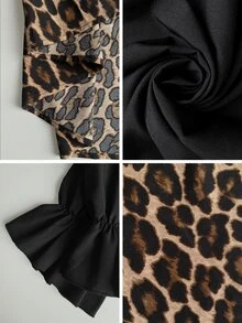 Elenzga Women's Spring Elegant Vintage Vacation Black V-Neck Patchwork Leopard Print Pleated Puff Long Sleeve High Waist Slim Dresses For Woman Plus Size Fall - Multicolor - View 5