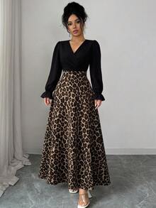 Elenzga Women's Spring Elegant Vintage Vacation Black V-Neck Patchwork Leopard Print Pleated Puff Long Sleeve High Waist Slim Dresses For Woman Plus Size Fall - Multicolor - View 3