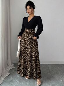 Elenzga Women's Spring Elegant Vintage Vacation Black V-Neck Patchwork Leopard Print Pleated Puff Long Sleeve High Waist Slim Dresses For Woman Plus Size Fall - Multicolor - View 4