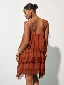 Zivah Women's Coffee Brown Summer Boho Holiday Vacation Mini Dress, Lace Trim Multi-Layered Ruffles Loose Asymmetric Hem Casual High-Street Commuter Dress - Rust Brown - View 3