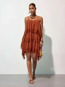 Zivah Women's Coffee Brown Summer Boho Holiday Vacation Mini Dress, Lace Trim Multi-Layered Ruffles Loose Asymmetric Hem Casual High-Street Commuter Dress - Rust Brown - View 6
