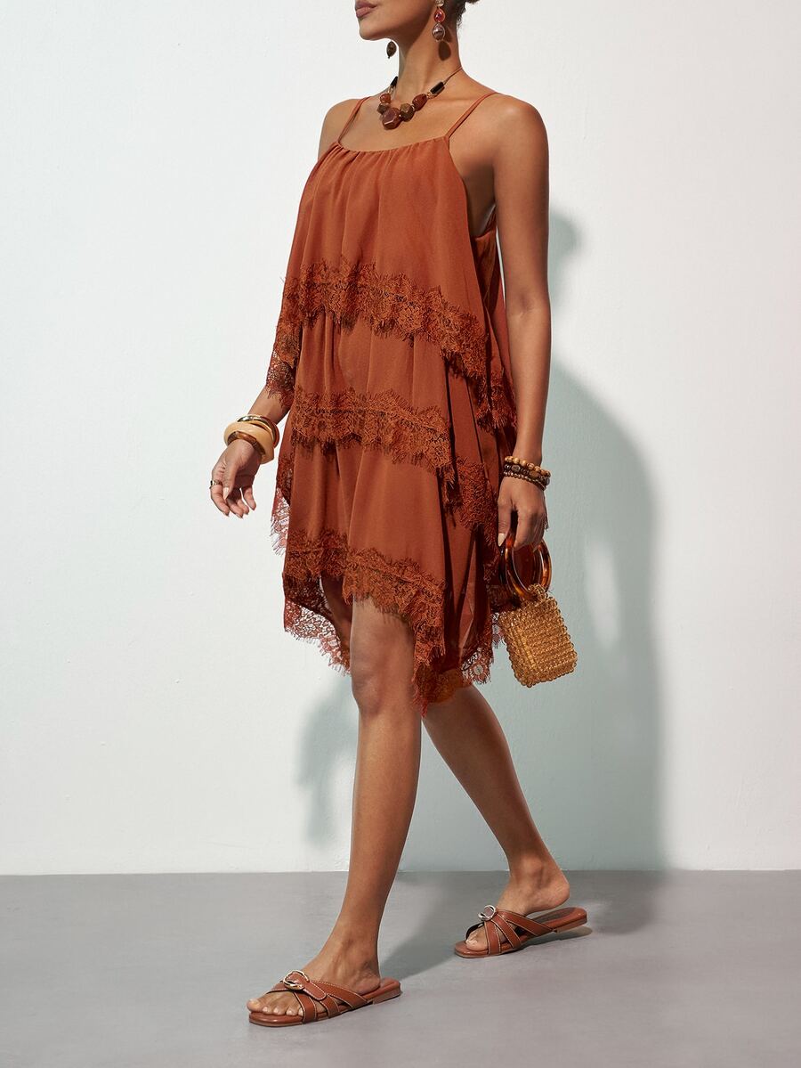 Zivah Women's Coffee Brown Summer Boho Holiday Vacation Mini Dress, Lace Trim Multi-Layered Ruffles Loose Asymmetric Hem Casual High-Street Commuter Dress