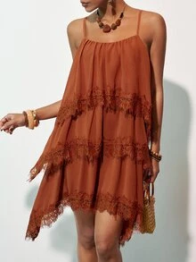 Zivah Women's Coffee Brown Summer Boho Holiday Vacation Mini Dress, Lace Trim Multi-Layered Ruffles Loose Asymmetric Hem Casual High-Street Commuter Dress - Rust Brown - View 4