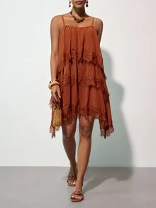 Zivah Women's Coffee Brown Summer Boho Holiday Vacation Mini Dress, Lace Trim Multi-Layered Ruffles Loose Asymmetric Hem Casual High-Street Commuter Dress - Rust Brown - View 5