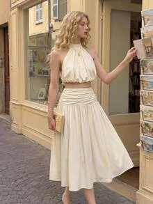 SHEIN MOD Women's Solid Color Halter Neck Top And Ruched Waist Skirt 2 Pieces Set Beach Vacation Vacation Cream White Summer Tropical Elegant European Tropical - Apricot - View 2