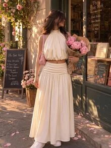 SHEIN MOD Women's Solid Color Halter Neck Top And Ruched Waist Skirt 2 Pieces Set Beach Vacation Vacation Cream White Summer Tropical Elegant European Tropical - Apricot - View 3