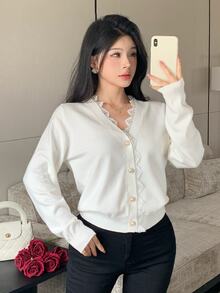 Modelyn Women's Solid Color Contrast Lace Single-Breasted Long Sleeve Knit Cardigan - White - View 3